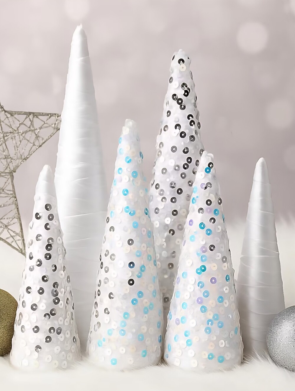 Sequin White Holiday Cone Tree Decor - Set of 6. NWT.